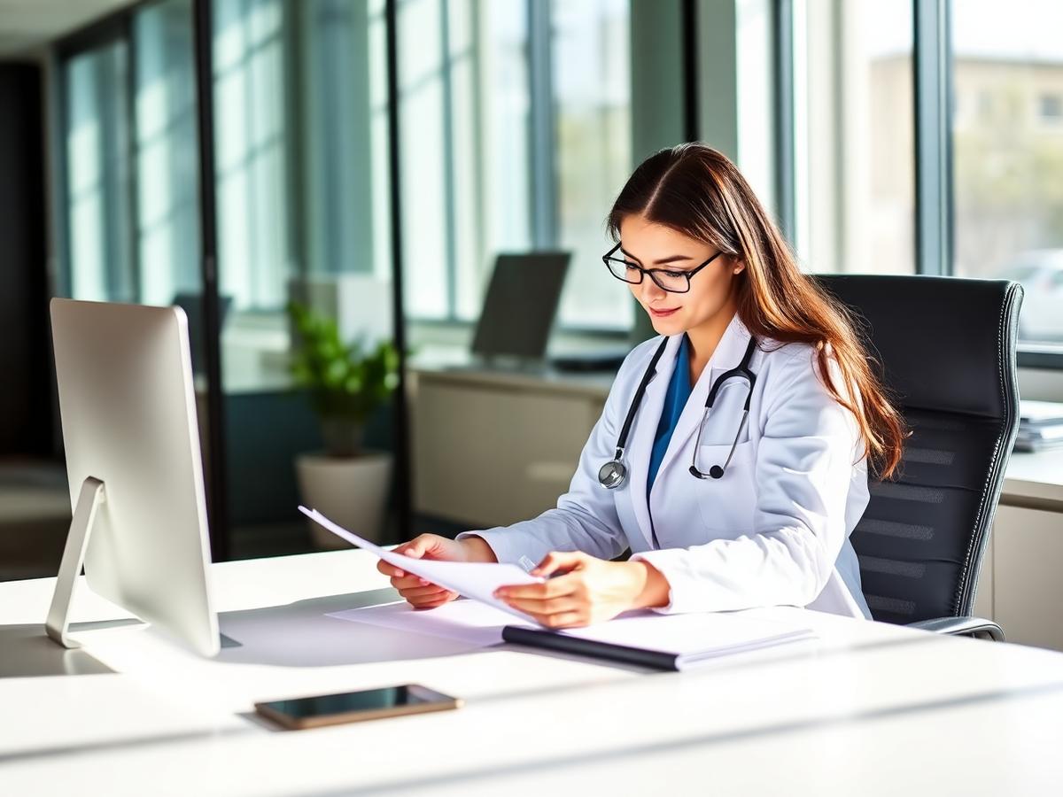 Especialista revisando expedientes regulatorios sanitarios